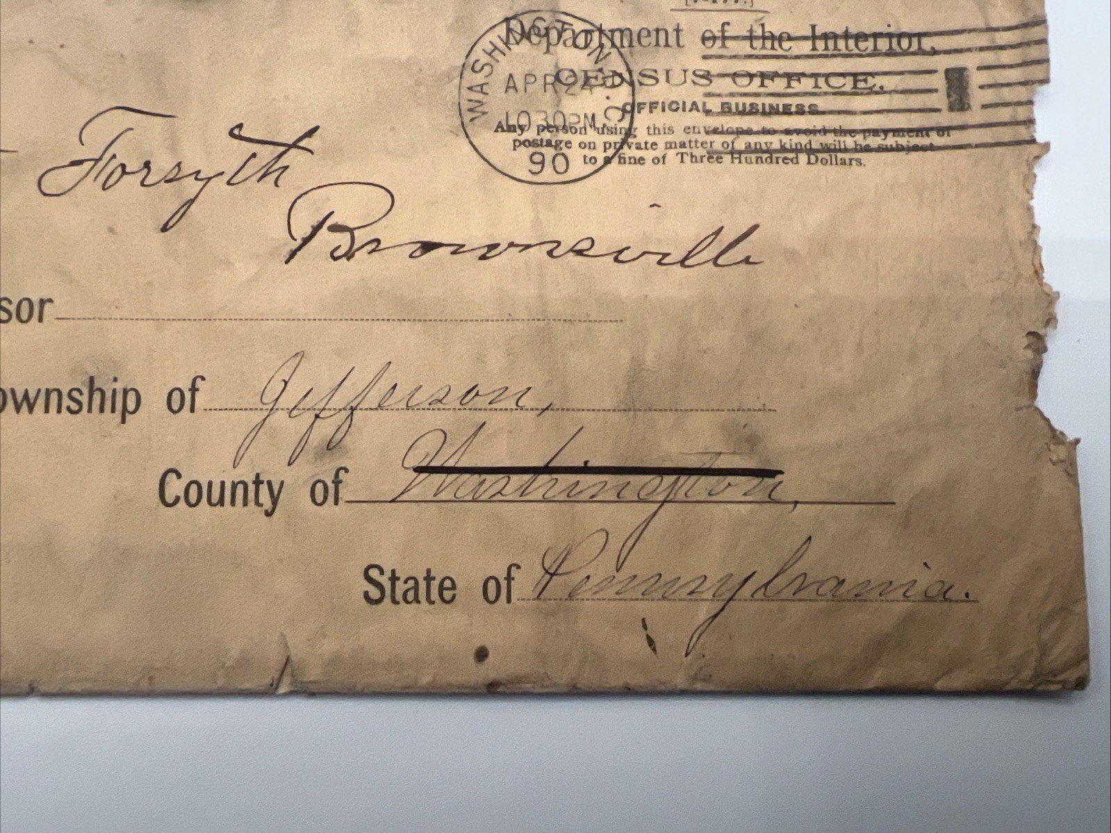 Rare 1890 U.S. Census Office Cover Coal Center PA # 1088 photo 4