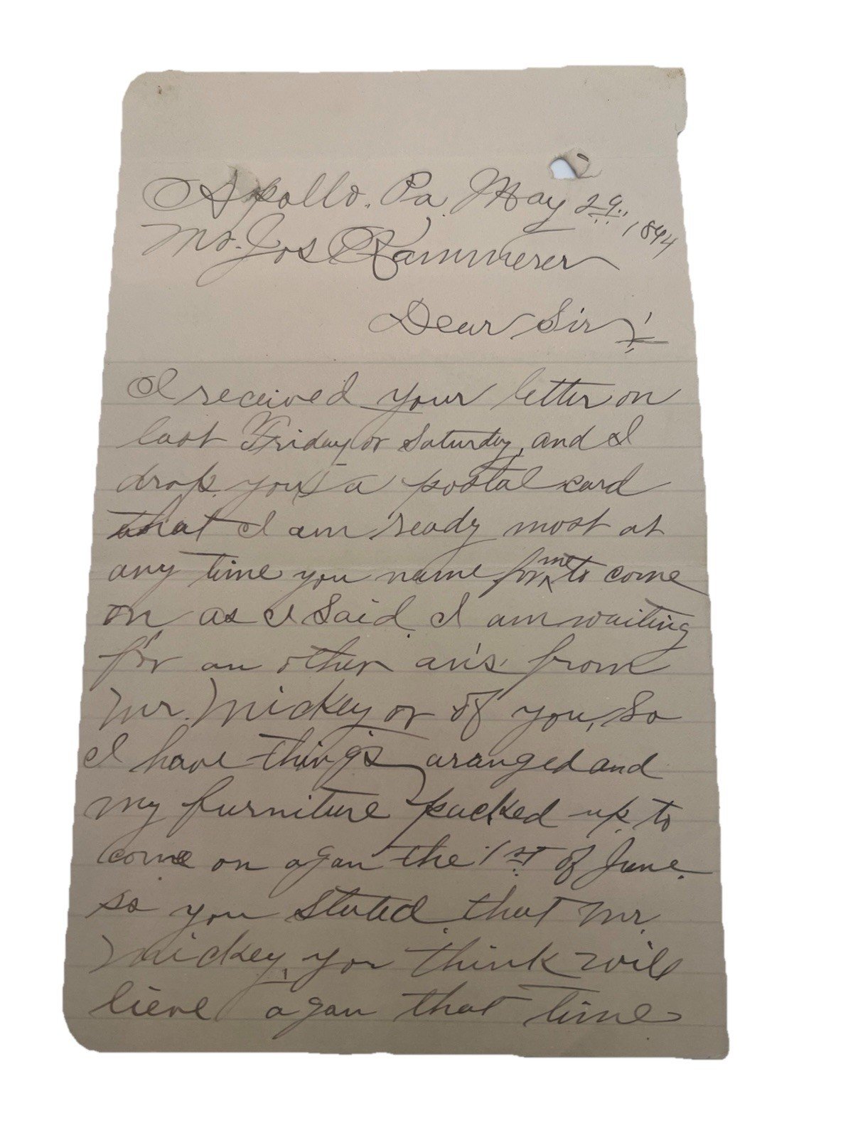 1894 Apollo PA Handwritten Letter  Victorian Correspondence  # 1089