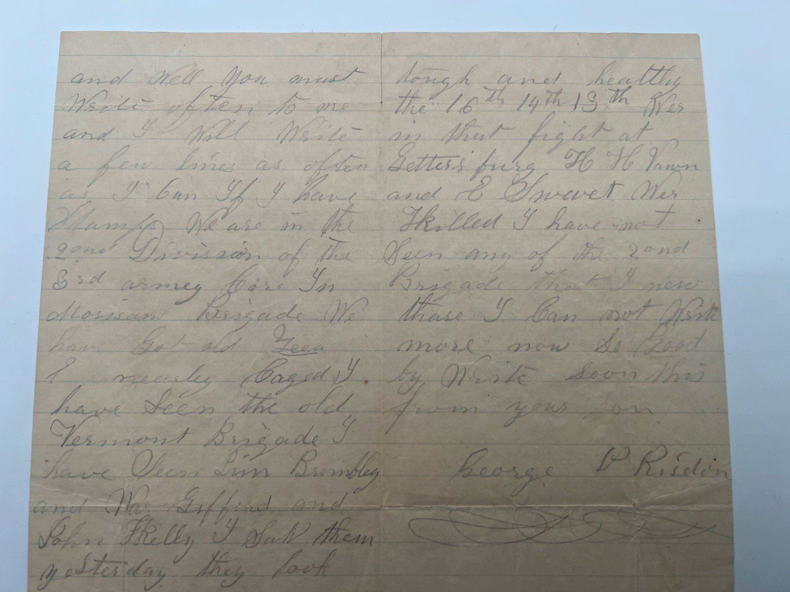 1863 Civil War Letter George P. Risdon 10th Vermont Gettysburg Campaign # 1098