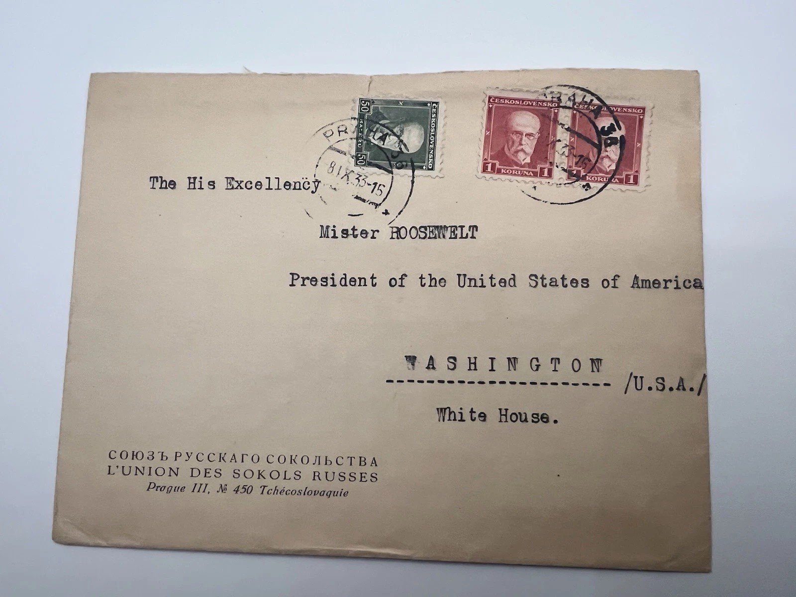 1935 FDR White House Cover Prague Czechoslovakia Roosevelt Collection # 1105