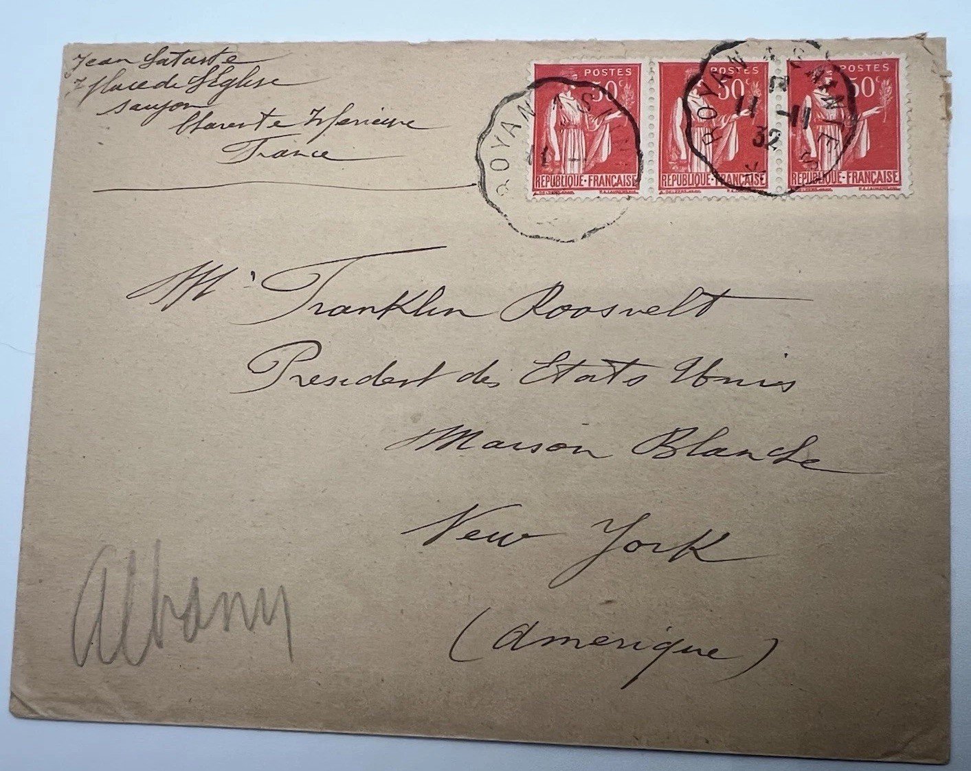 FDR Collection French Cover to White House H.R. Harmer Authenticated # 1107