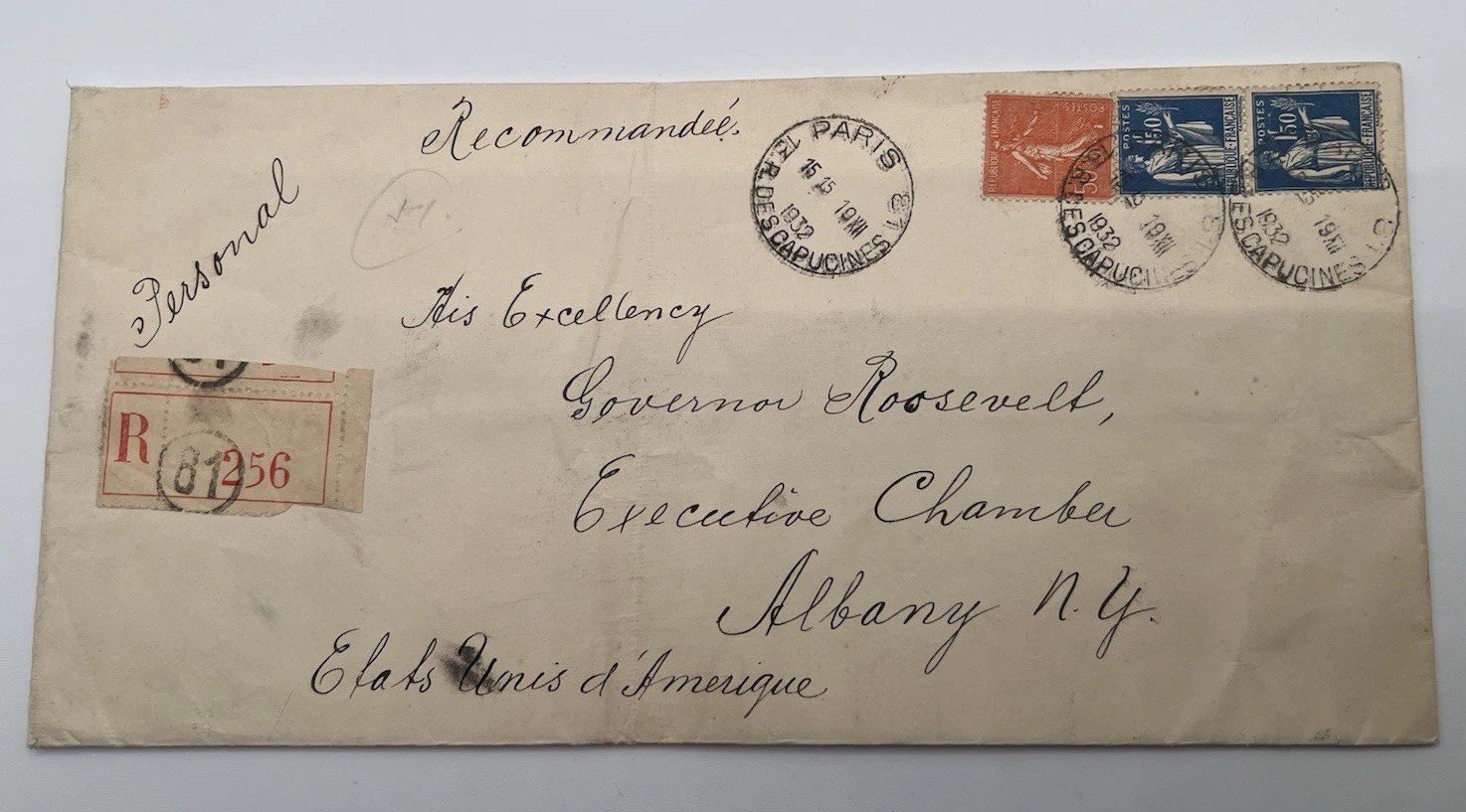 FDR President-Elect 1932 Registered France Cover Harmer Authenticated # 1108