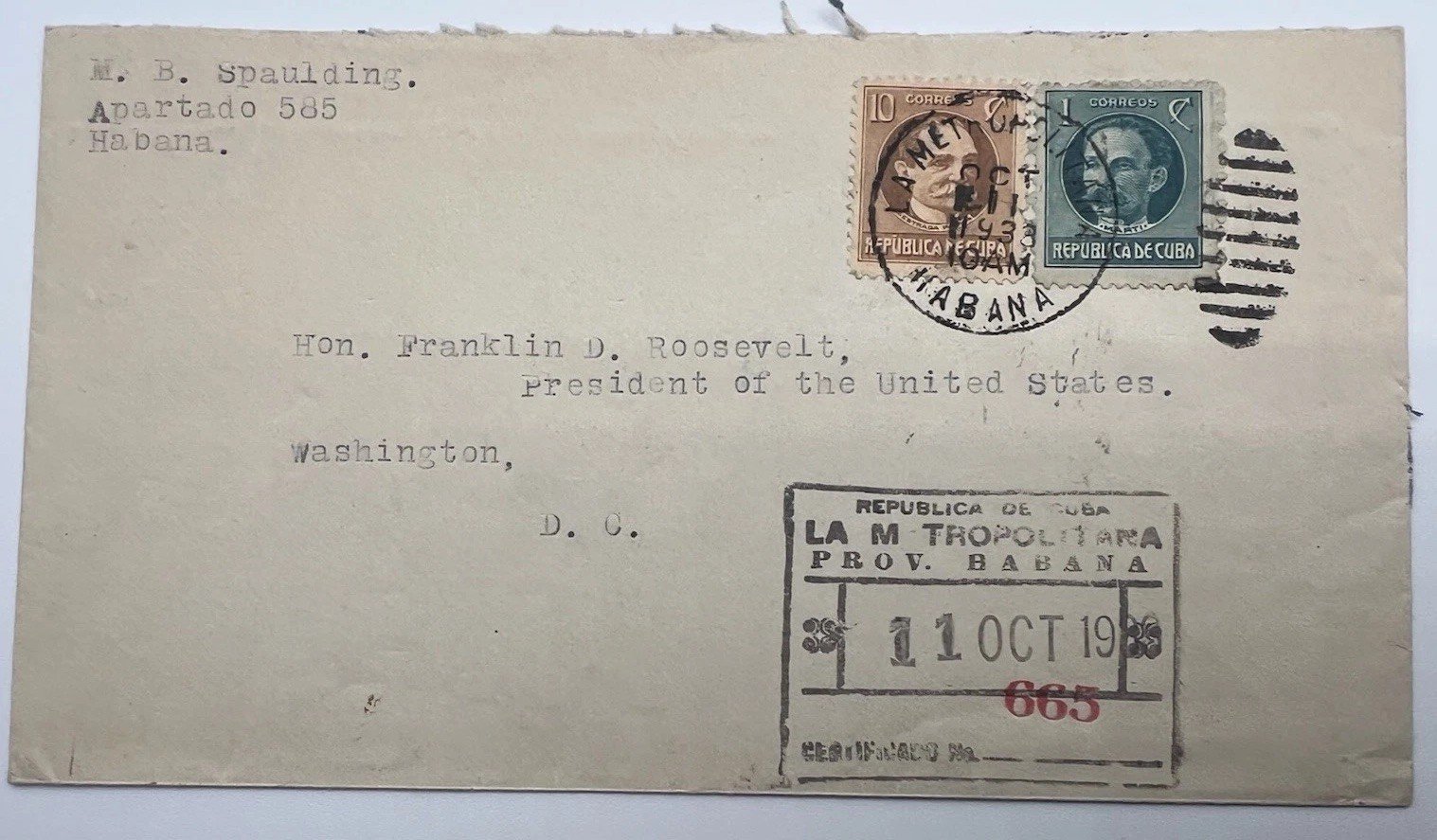 1933 Cuba Registered Cover to FDR H.R. Harmer Authenticated # 1111