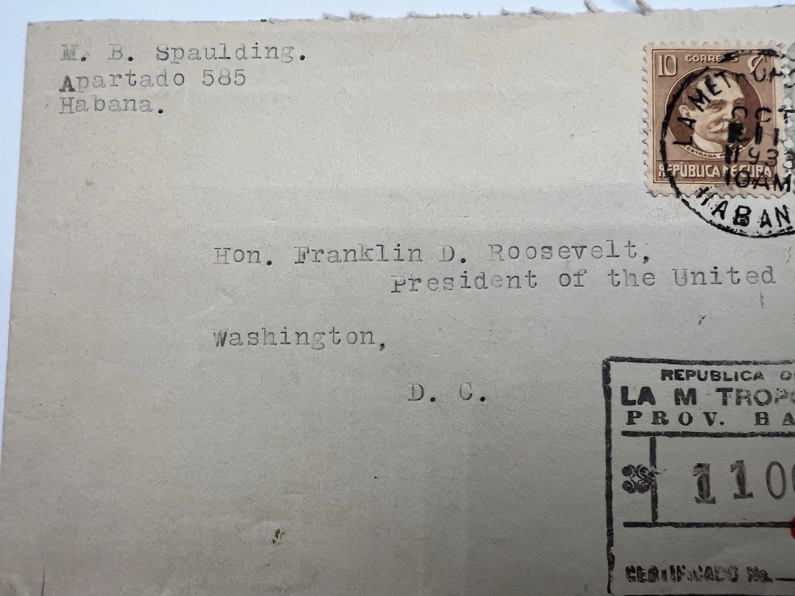 1933 Cuba Registered Cover to FDR H.R. Harmer Authenticated # 1111 photo 5
