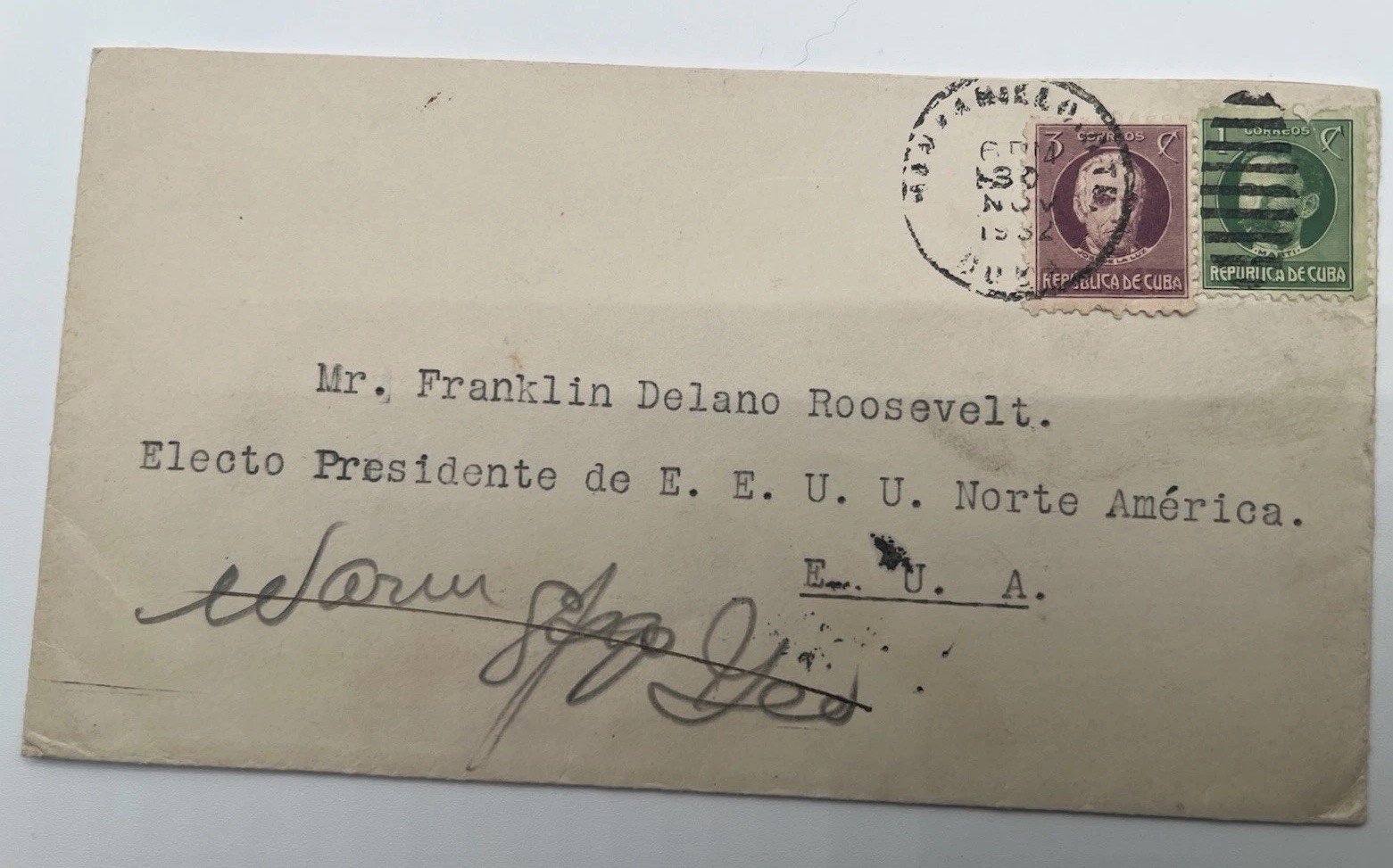 1932 Cuba Cover to President-Elect Franklin D Roosevelt Collection Harmer # 1112