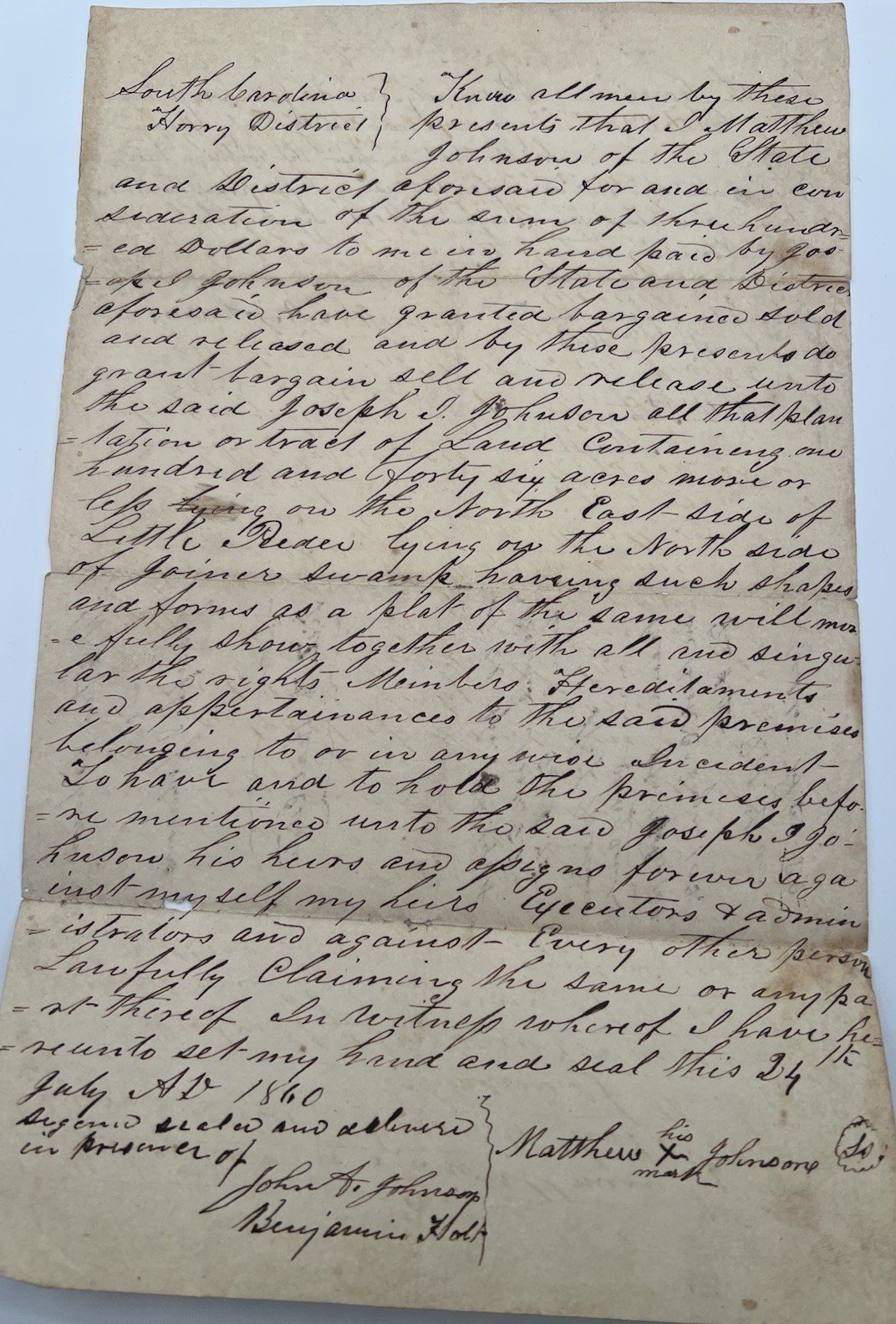 1860 South Carolina Horry District 146-Acre Land Deed Little Pee Dee # 1118