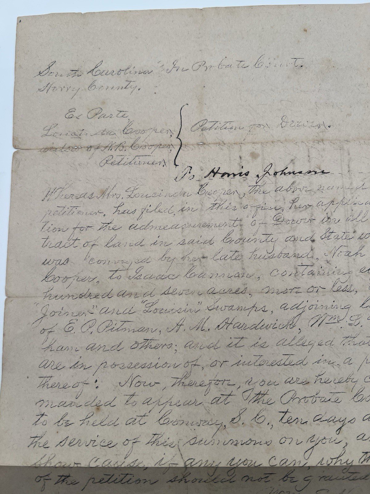 1899 SC Horry County Loucinda Cooper 807-Acre Dower Summons # 1120 photo 2