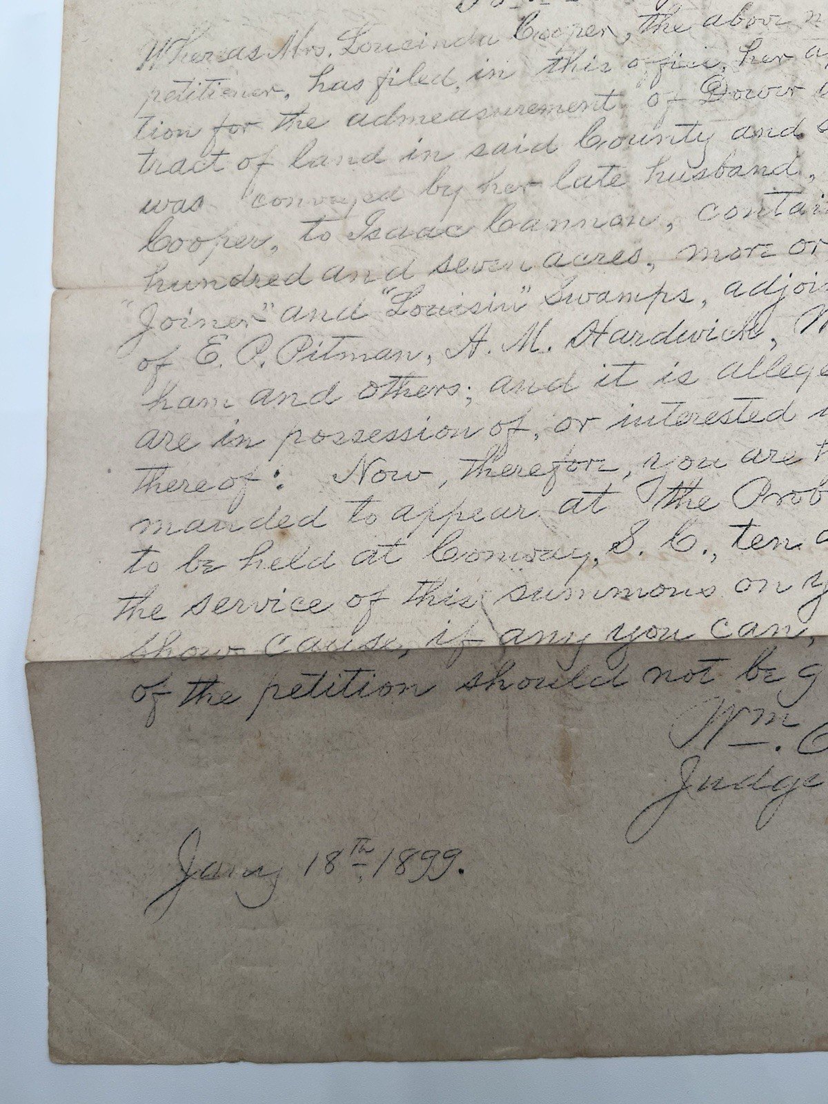 1899 SC Horry County Loucinda Cooper 807-Acre Dower Summons # 1120 photo 4