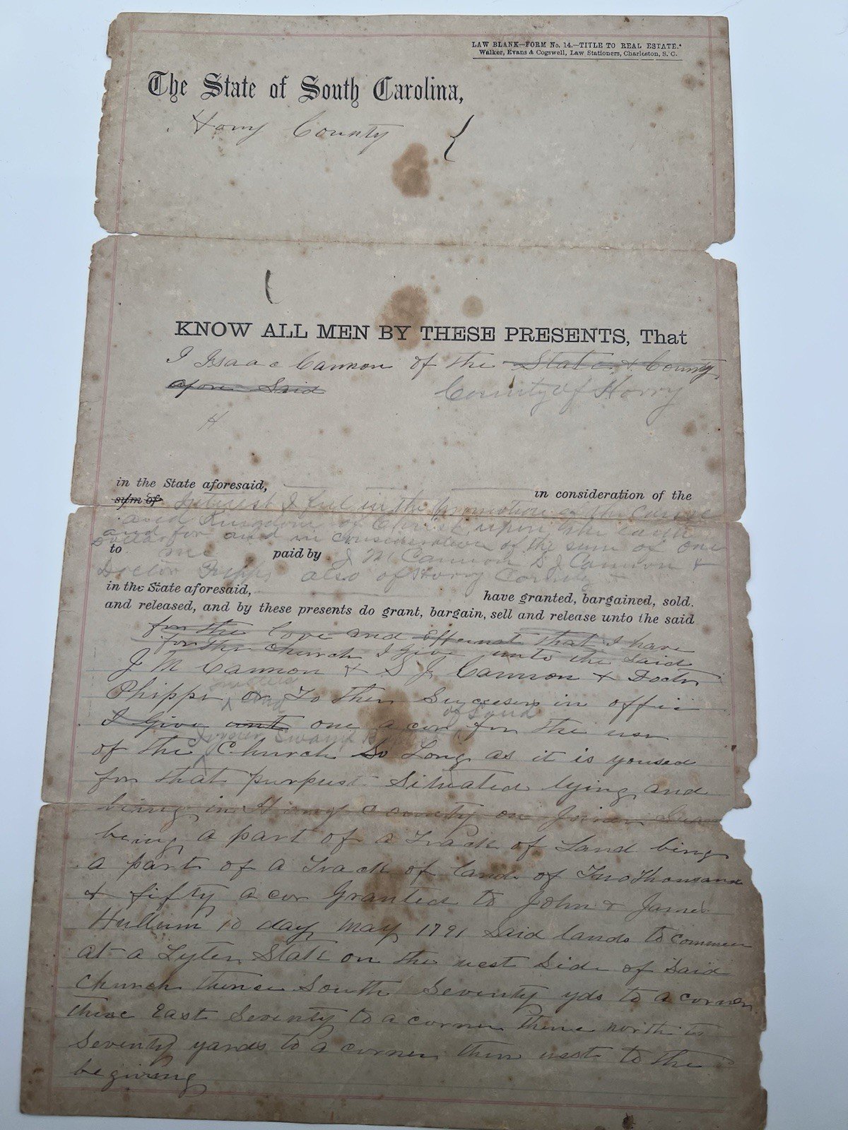 1890 Horry County SC Isaac Cannon One-Acre Church Land Deed # 1122