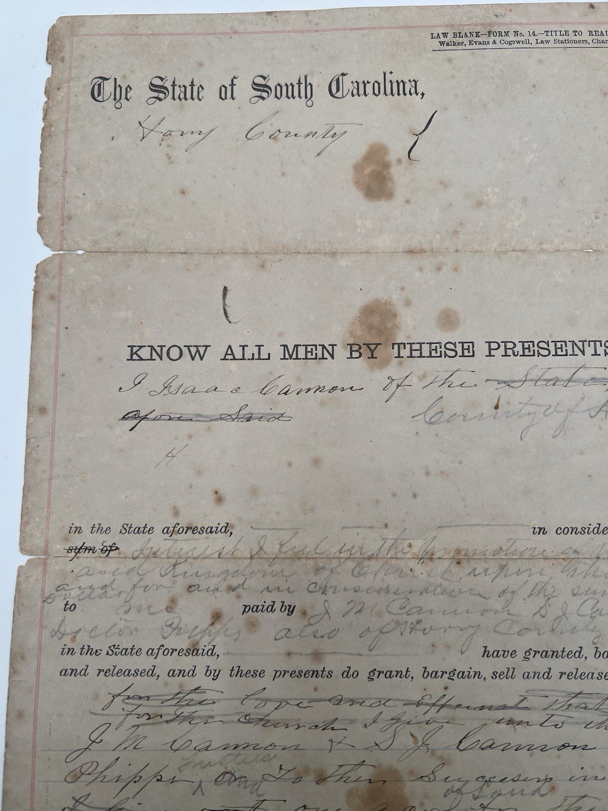 1890 Horry County SC Isaac Cannon One-Acre Church Land Deed # 1122 photo 2
