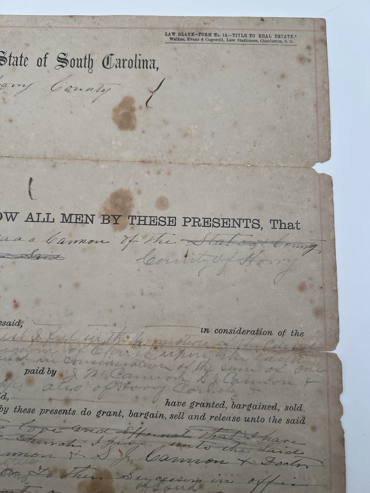 1890 Horry County SC Isaac Cannon One-Acre Church Land Deed # 1122 photo 3