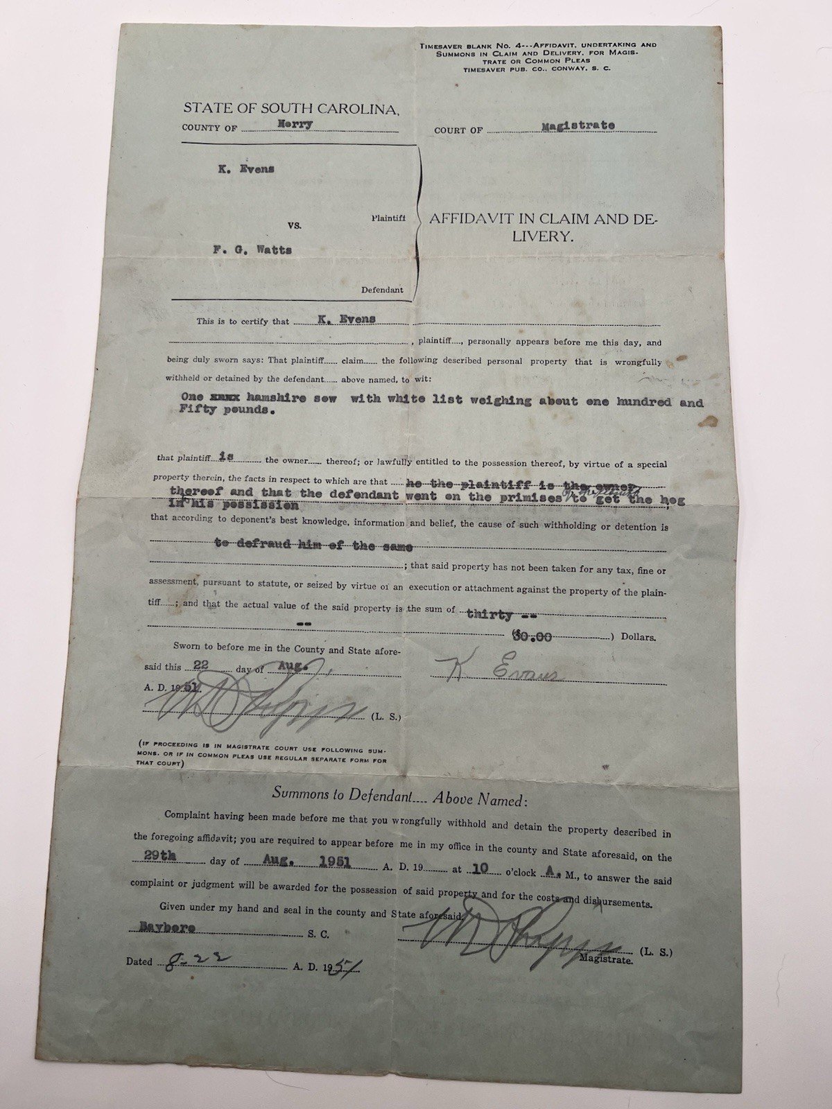 1951 Horry County SC Court Case Hampshire Sow Hog Dispute # 1123