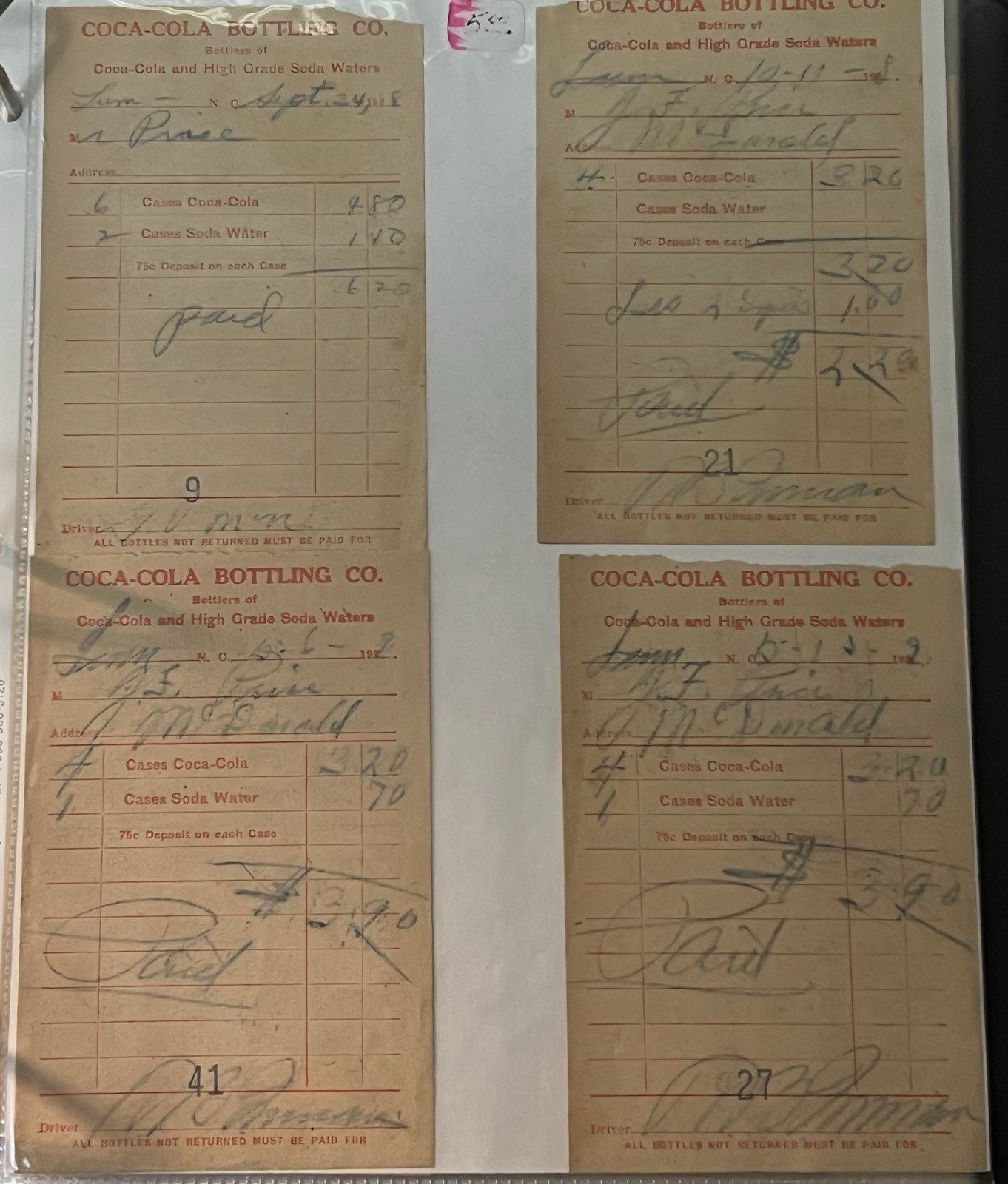 1920s Lumberton NC Coca-Cola & Nehi Bottling Receipts Lot of 8        # 1125