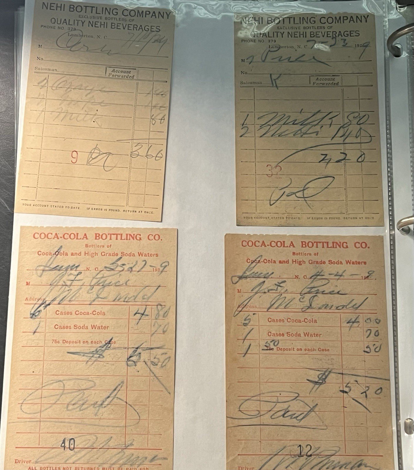 1920s Lumberton NC Coca-Cola & Nehi Bottling Receipts Lot of 8        # 1125 photo 2