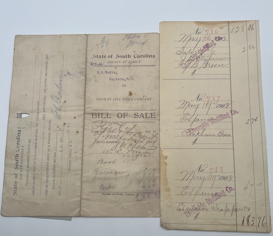 1914 Horry County SC Livestock Bill of Sale & 1903 Distilling Ledger # 1126