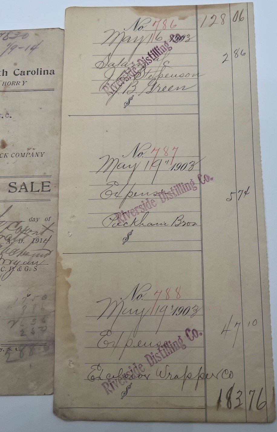 1914 Horry County SC Livestock Bill of Sale & 1903 Distilling Ledger # 1126 photo 3