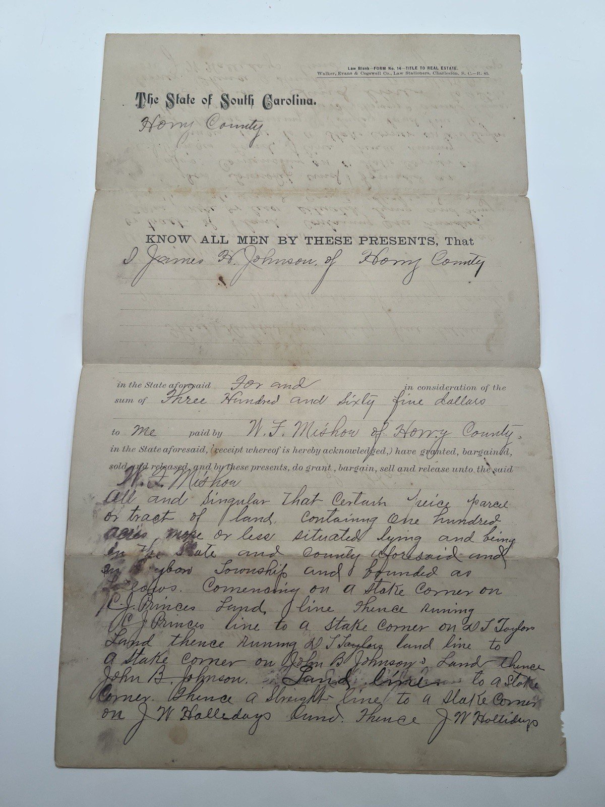 1899 Horry County SC 100-Acre Land Deed – Johnson to Mishoe Signed # 1127