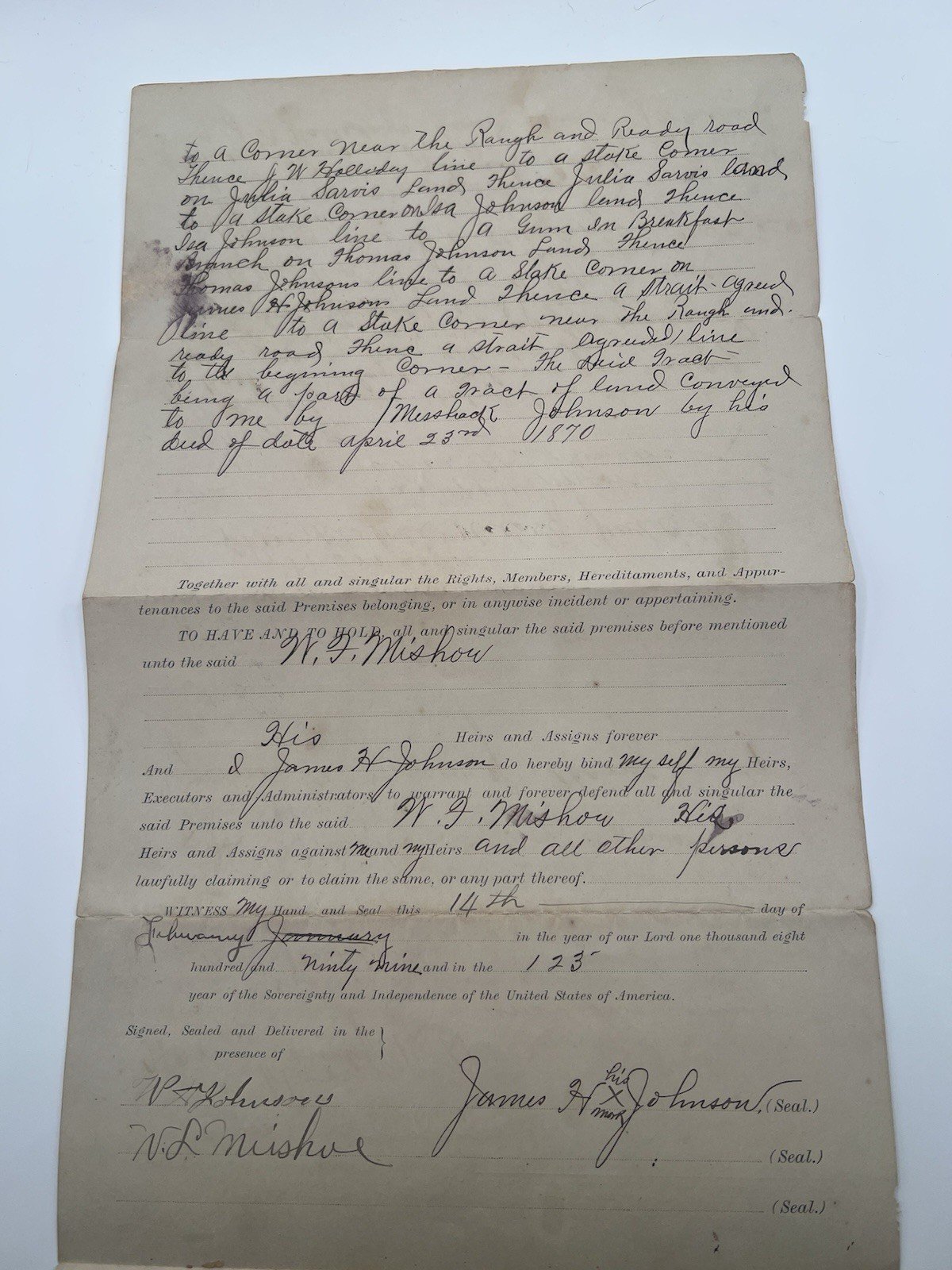 1899 Horry County SC 100-Acre Land Deed – Johnson to Mishoe Signed # 1127 photo 2