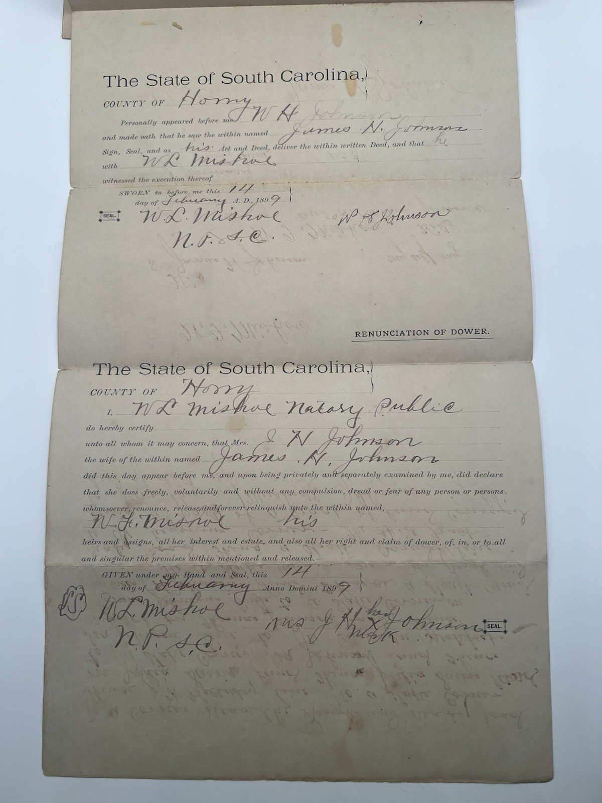 1899 Horry County SC 100-Acre Land Deed – Johnson to Mishoe Signed # 1127 photo 3