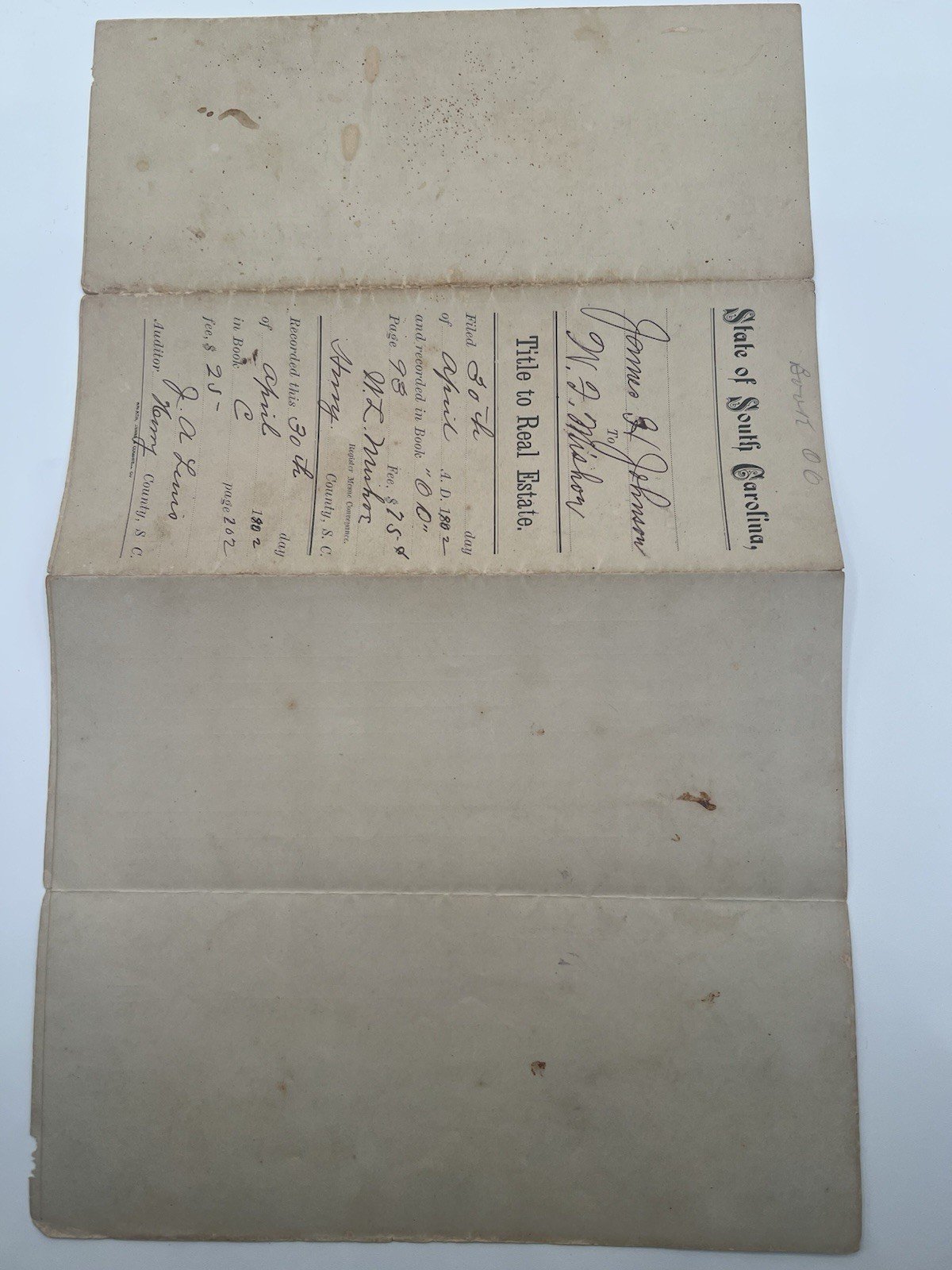 1899 Horry County SC 100-Acre Land Deed – Johnson to Mishoe Signed # 1127 photo 4