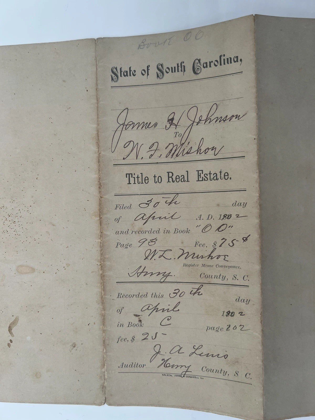 1899 Horry County SC 100-Acre Land Deed – Johnson to Mishoe Signed # 1127 photo 5