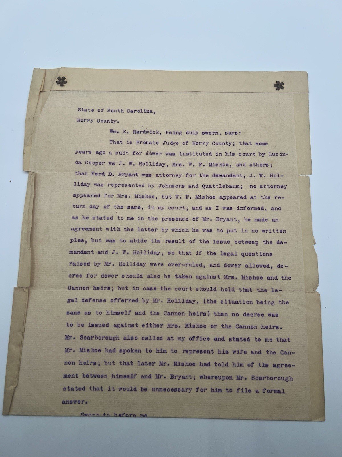 1903 Horry County SC Probate Court Affidavit – Lucinda Cooper Dower Case # 1128