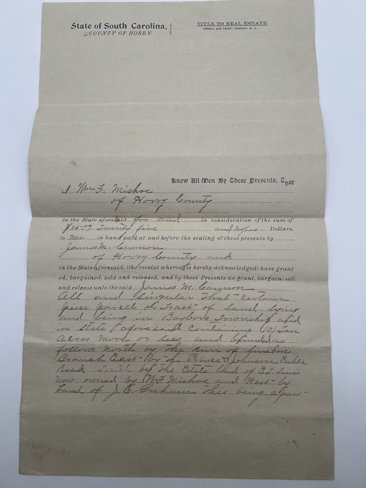 1905 Horry County SC Land Deed W.F. Mishoe to James M. Cannon 60 Acres # 1129
