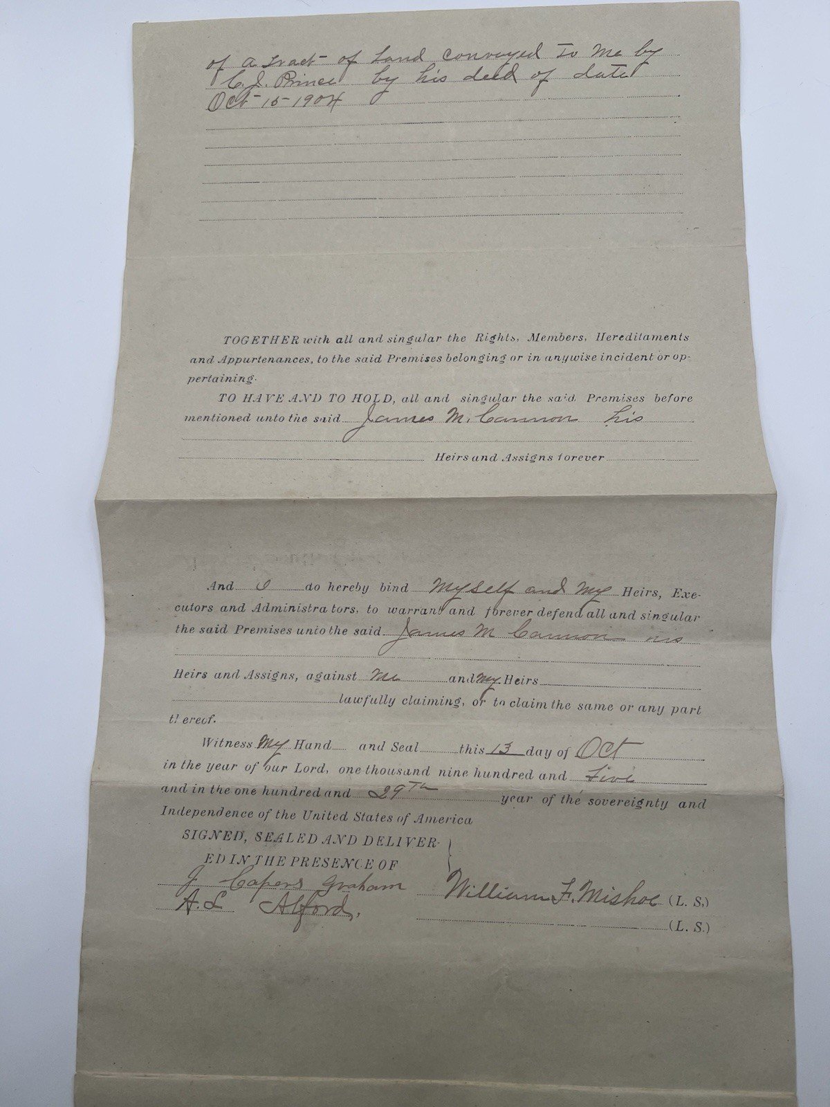 1905 Horry County SC Land Deed W.F. Mishoe to James M. Cannon 60 Acres # 1129 photo 2