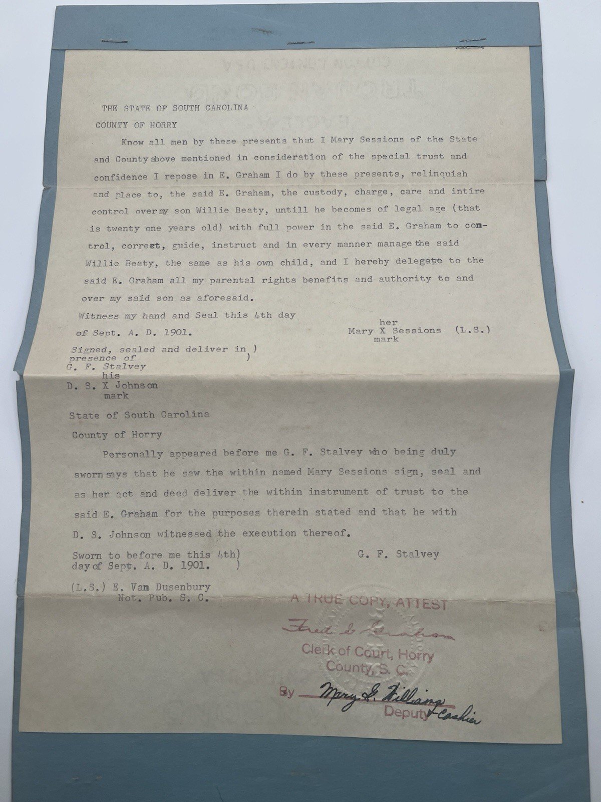 1901 Horry County SC Child Custody Deed Mary Sessions to E. Graham # 1130