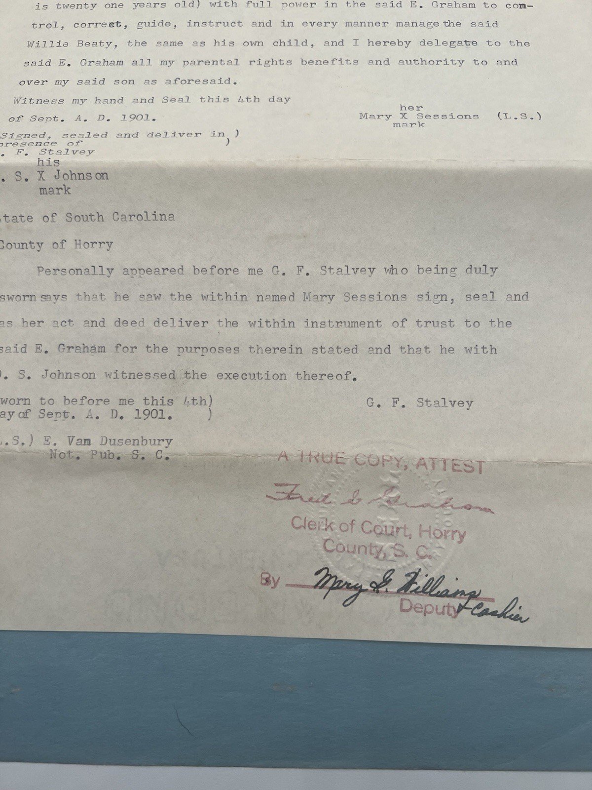 1901 Horry County SC Child Custody Deed Mary Sessions to E. Graham # 1130 photo 2