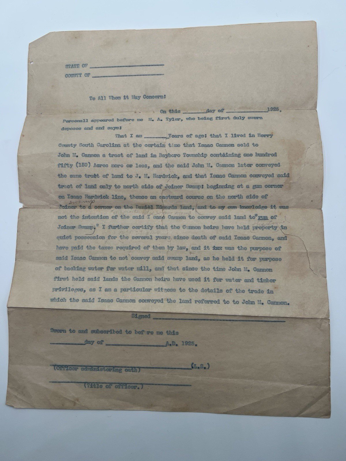 1925 Horry County SC Land Affidavit Draft – Cannon Hardwick Joiner Swamp # 1131