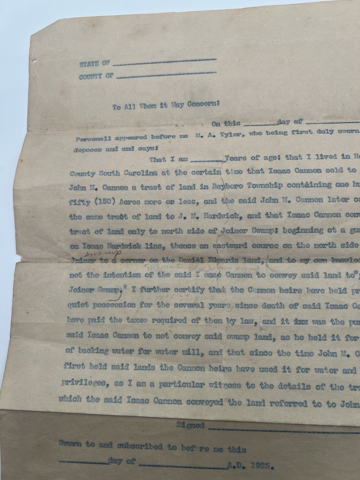 1925 Horry County SC Land Affidavit Draft – Cannon Hardwick Joiner Swamp # 1131 photo 2