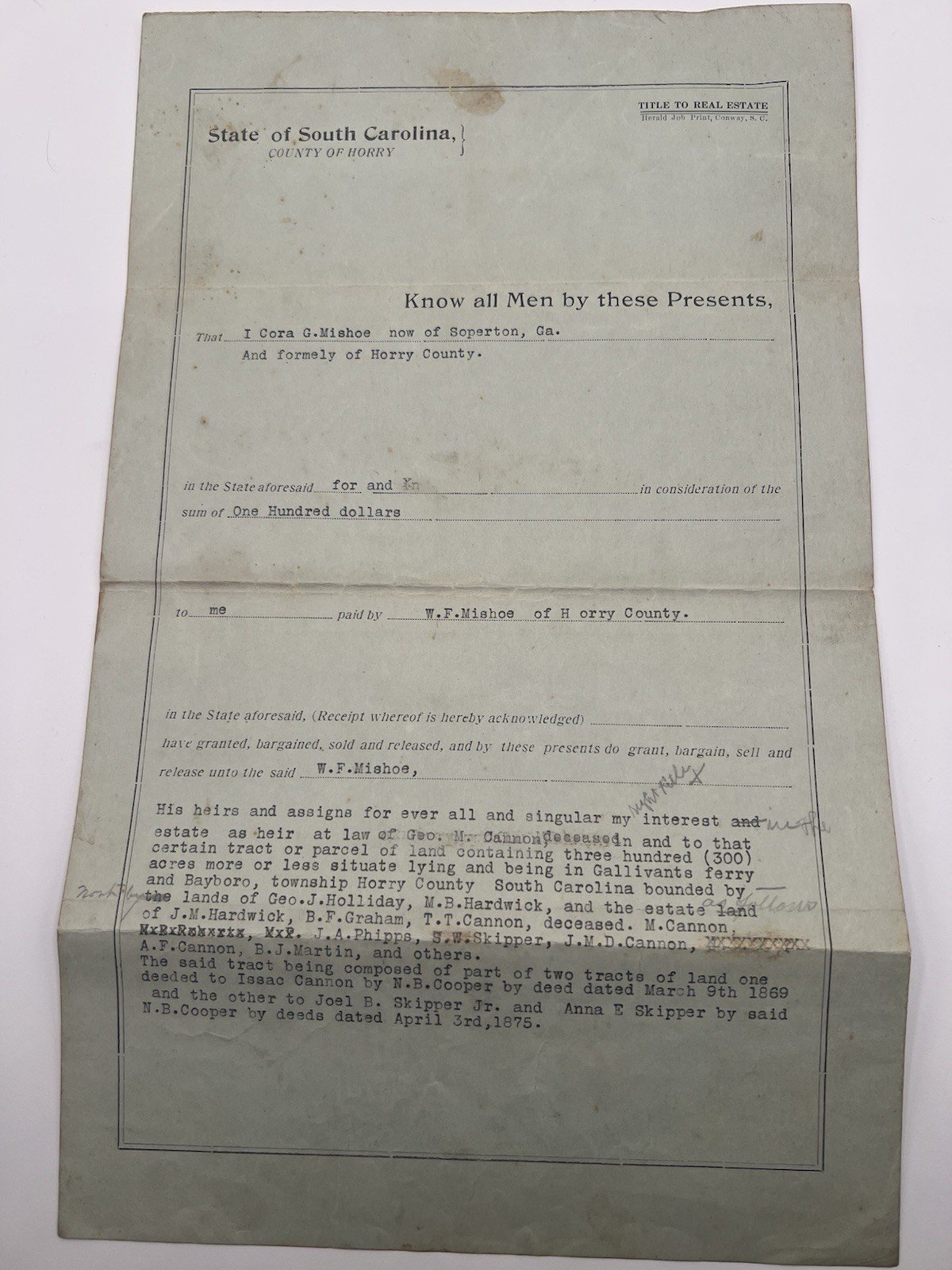 1918 Horry County SC Land Deed Draft - Mishoe Cannon Estate 300 Acres # 1132