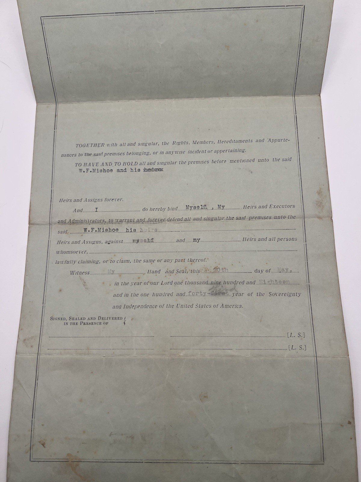 1918 Horry County SC Land Deed Draft - Mishoe Cannon Estate 300 Acres # 1132 photo 2