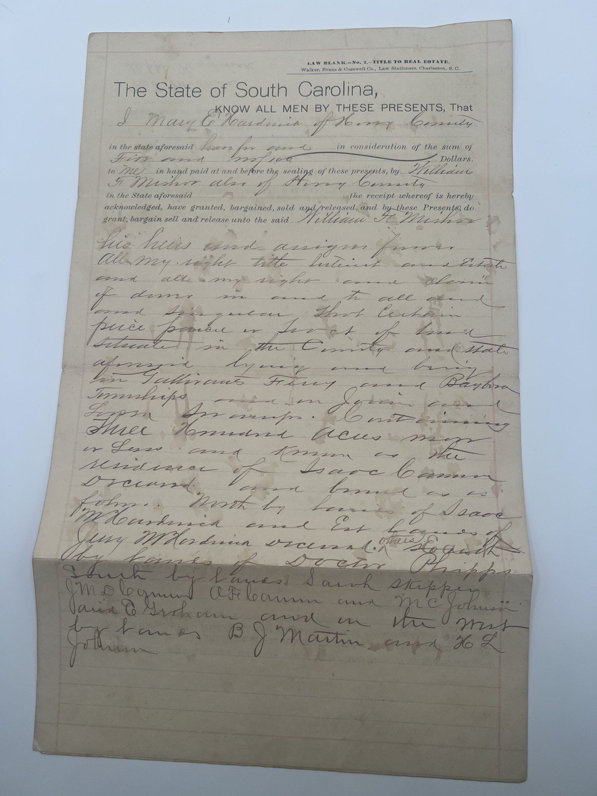 1903 Horry County SC Recorded Deed - Hardwick to Mishoe - 300 Acres # 1133