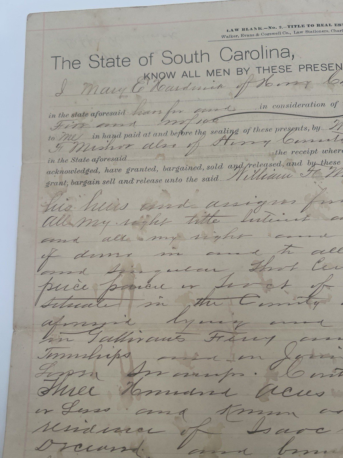 1903 Horry County SC Recorded Deed - Hardwick to Mishoe - 300 Acres # 1133 photo 2
