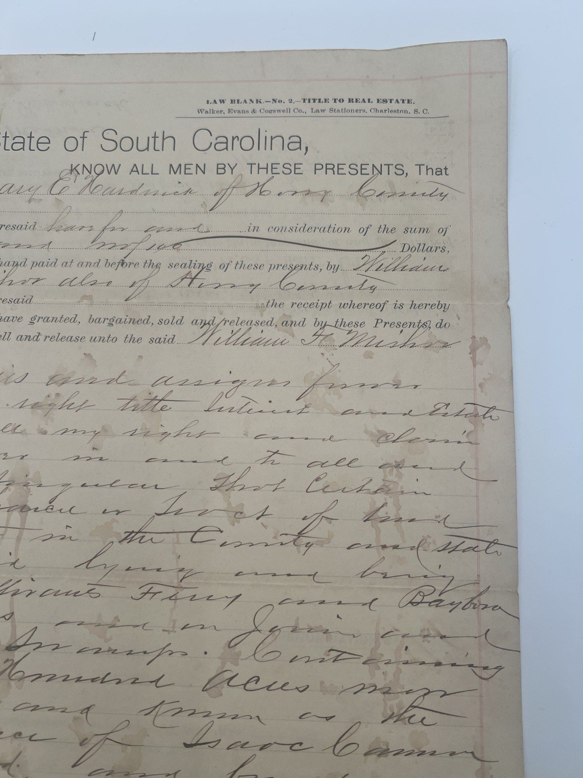 1903 Horry County SC Recorded Deed - Hardwick to Mishoe - 300 Acres # 1133 photo 3