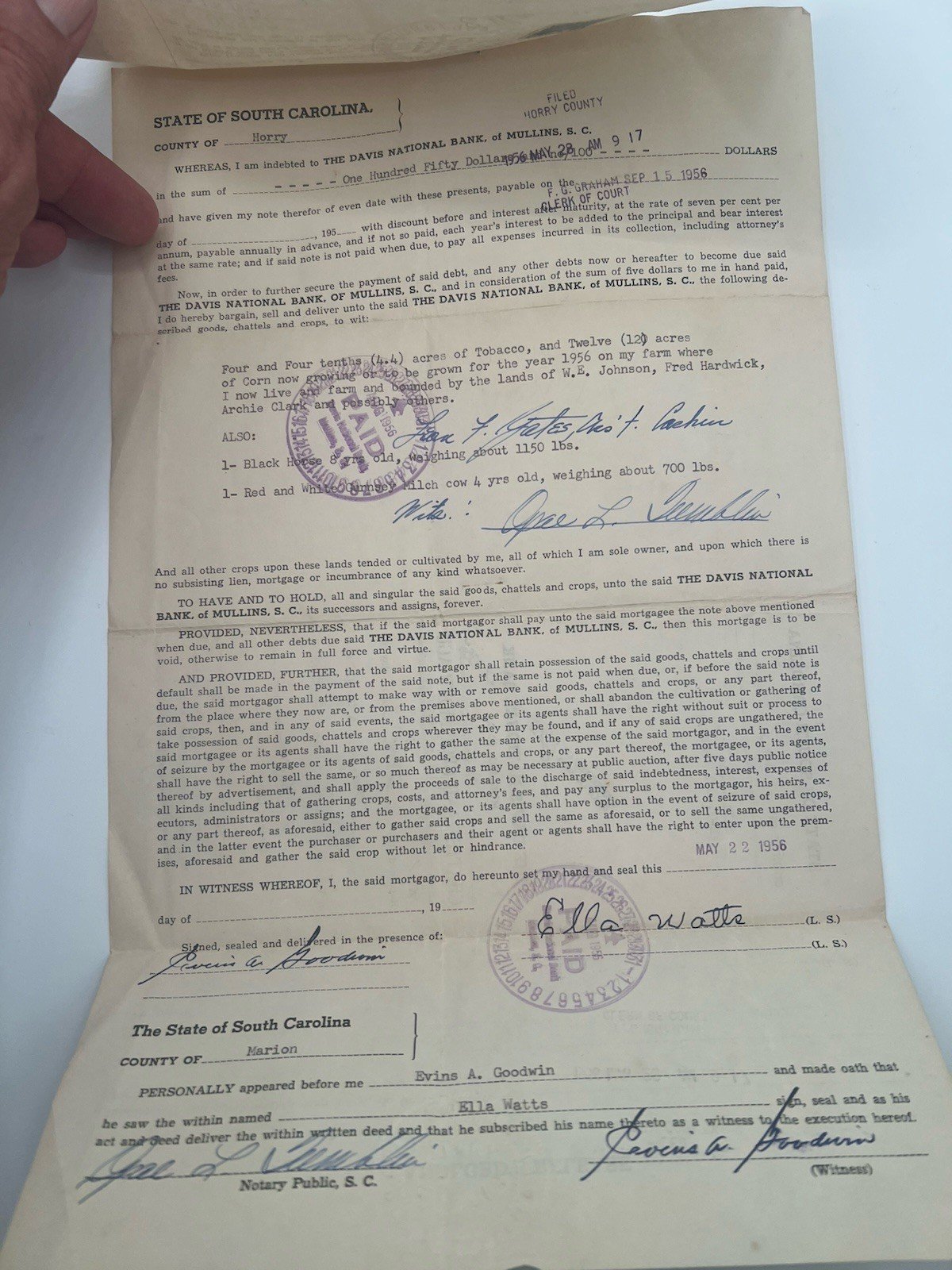 1956 Horry County SC Crop & Chattel Mortgage – Ella Watts – Paid # 1134