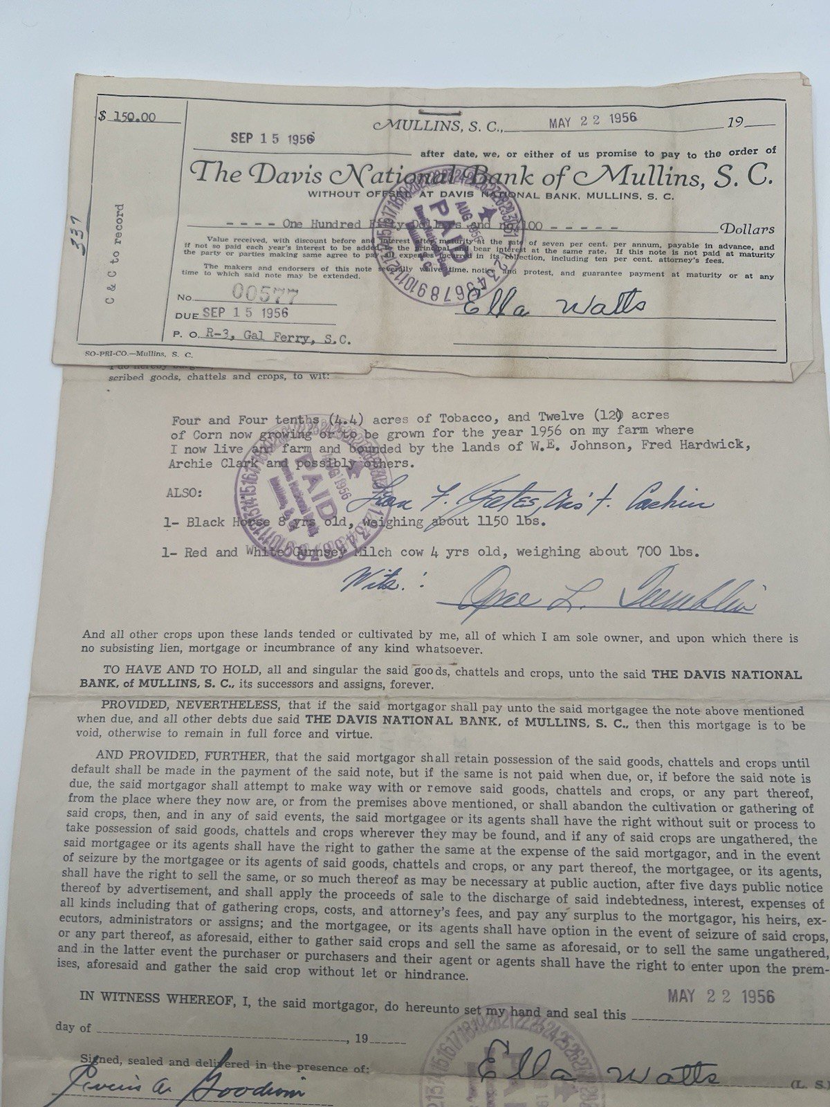 1956 Horry County SC Crop & Chattel Mortgage – Ella Watts – Paid # 1134 photo 3