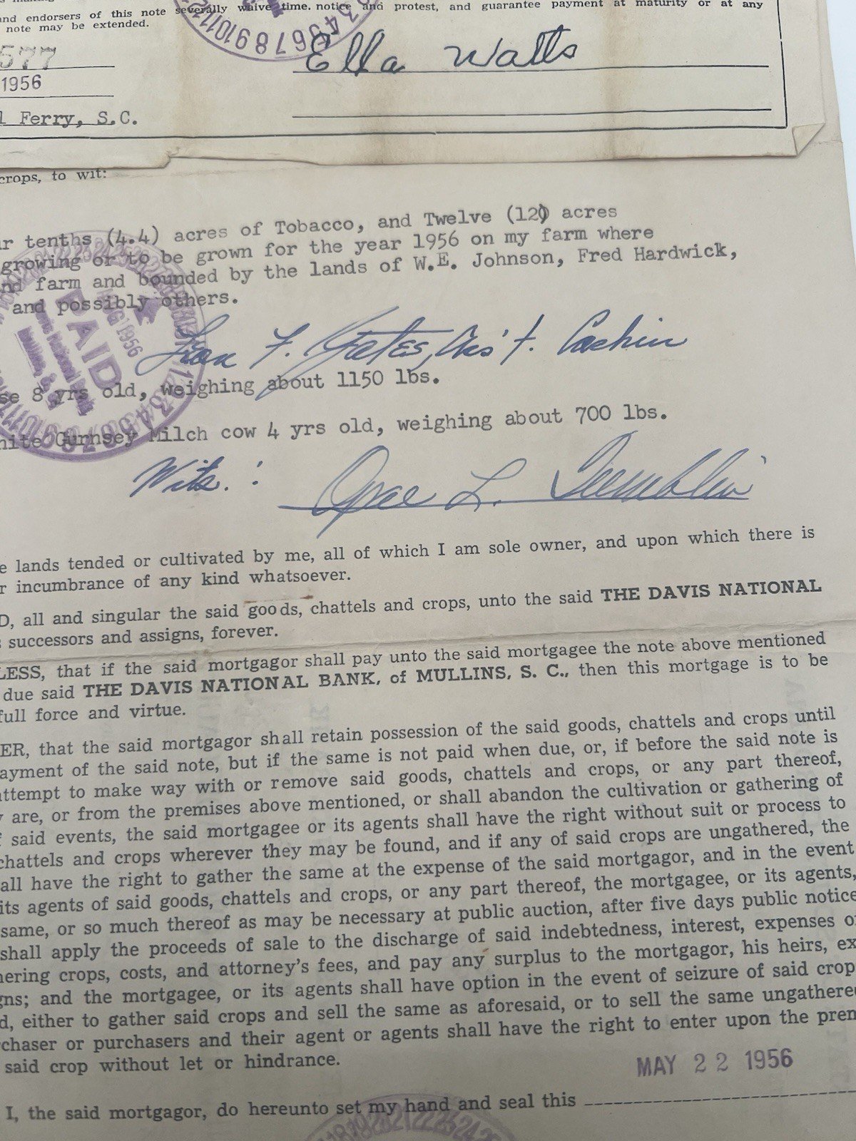 1956 Horry County SC Crop & Chattel Mortgage – Ella Watts – Paid # 1134 photo 4