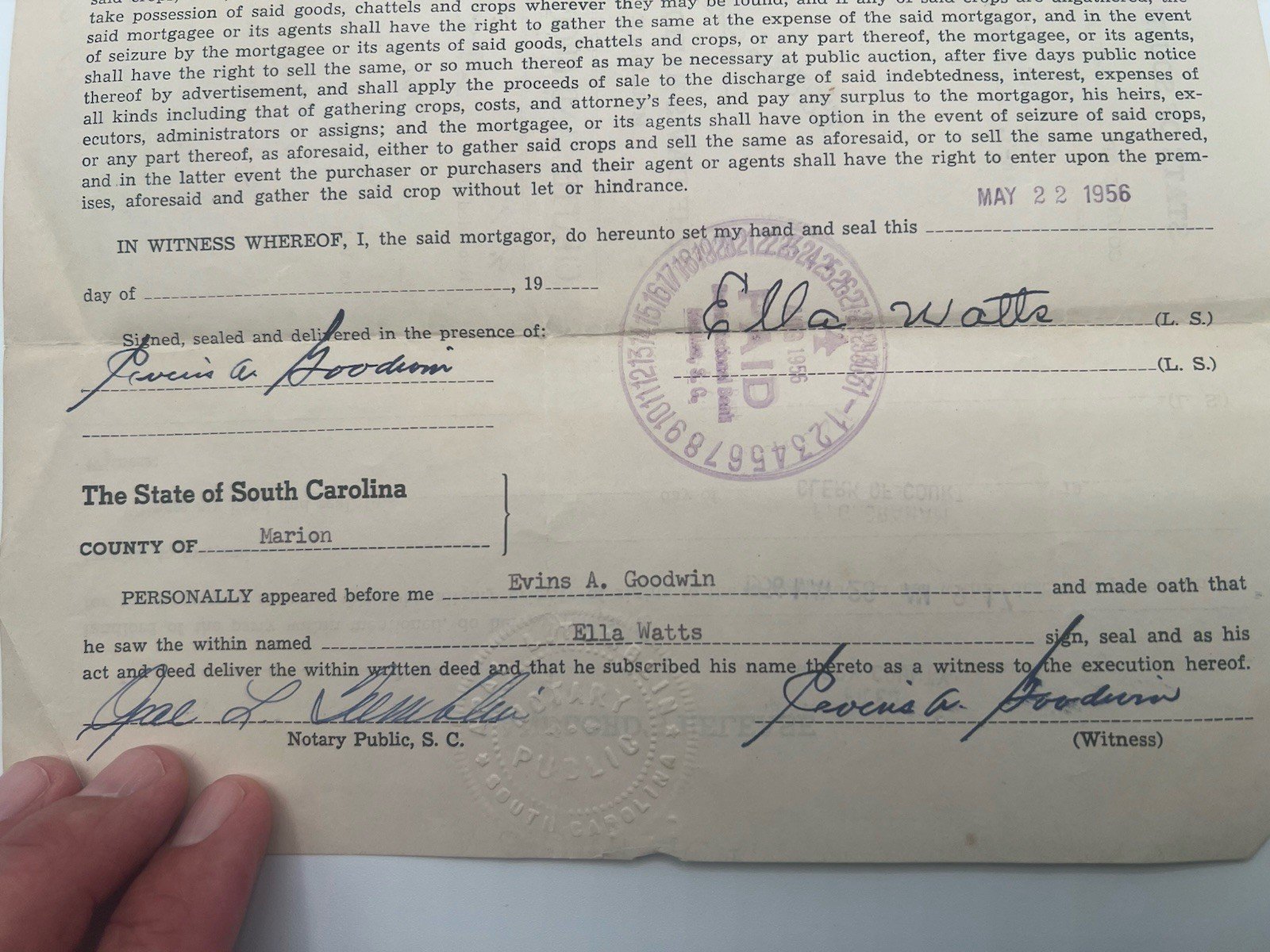 1956 Horry County SC Crop & Chattel Mortgage – Ella Watts – Paid # 1134 photo 5