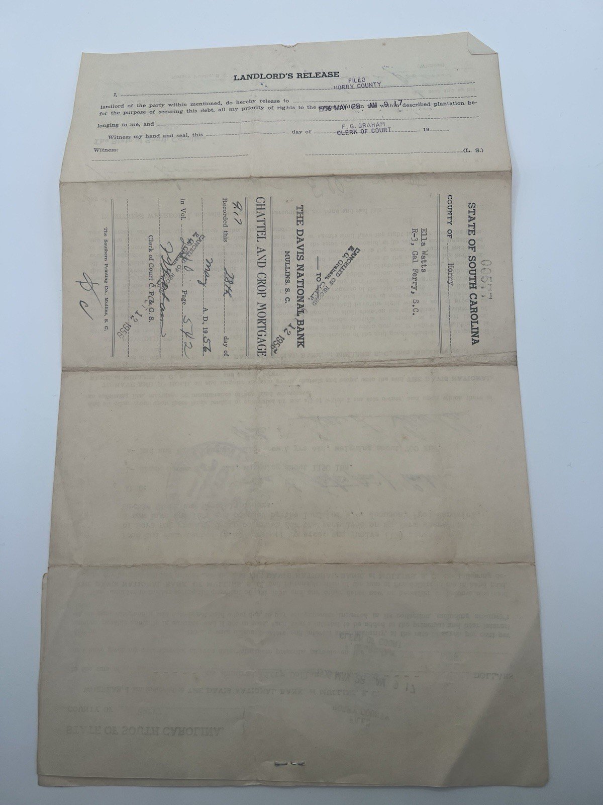 1956 Horry County SC Crop & Chattel Mortgage – Ella Watts – Paid # 1134 photo 6