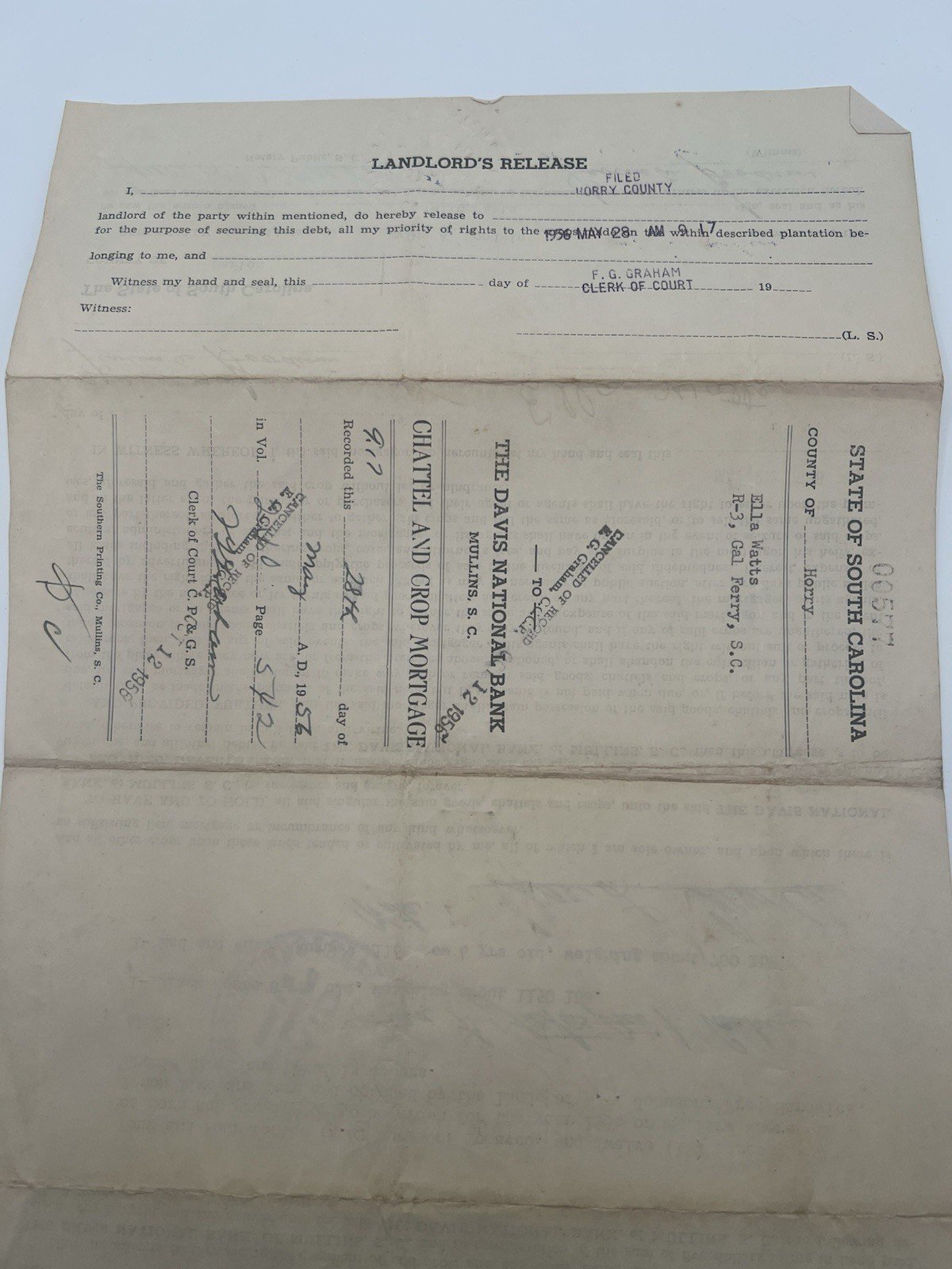 1956 Horry County SC Crop & Chattel Mortgage – Ella Watts – Paid # 1134 photo 7