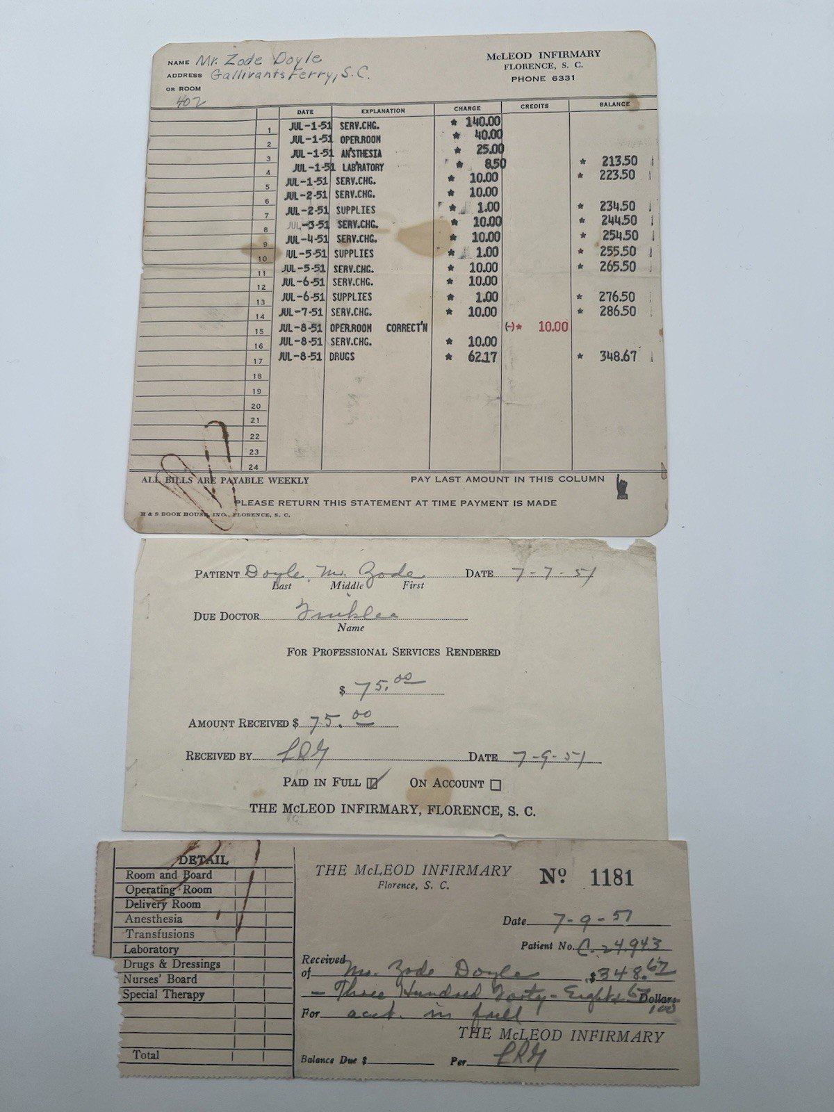 1951 McLeod Infirmary Florence SC Hospital Bill & Paid Receipts # 1136
