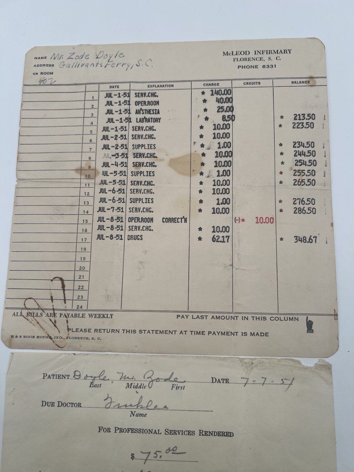 1951 McLeod Infirmary Florence SC Hospital Bill & Paid Receipts # 1136 photo 2