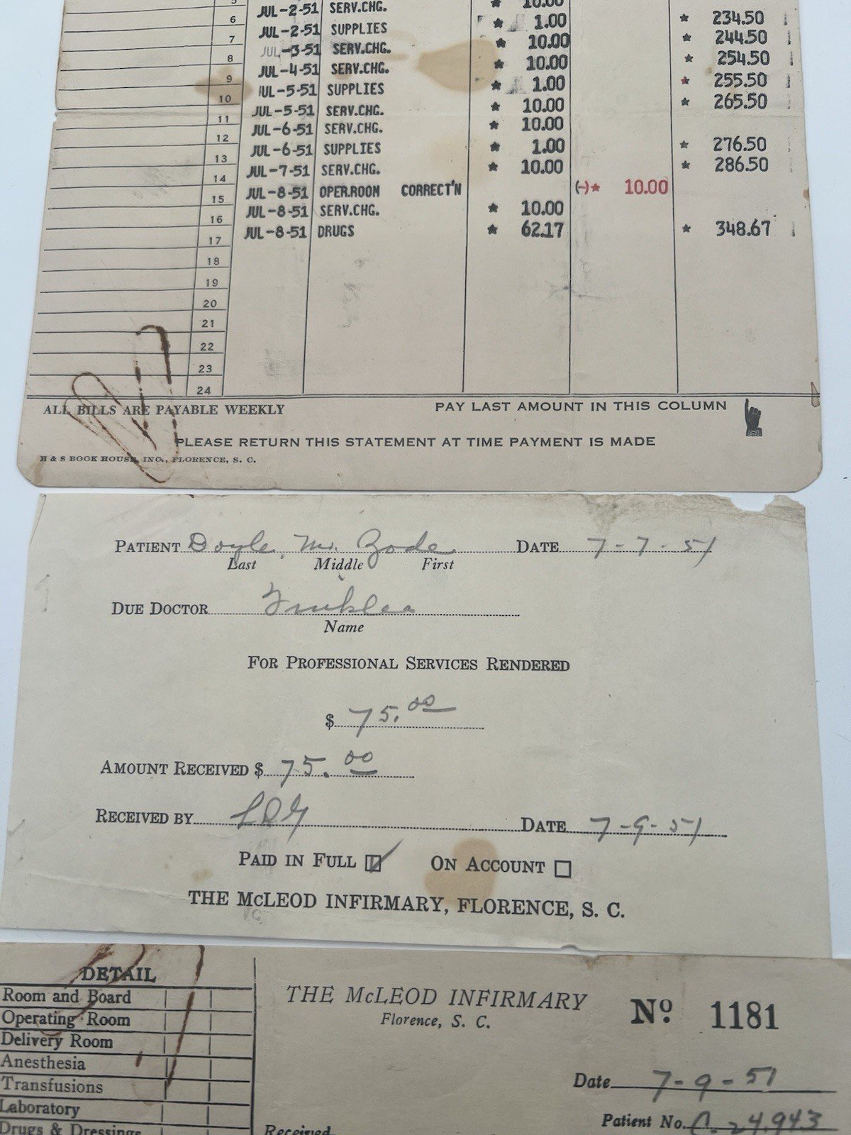 1951 McLeod Infirmary Florence SC Hospital Bill & Paid Receipts # 1136 photo 3