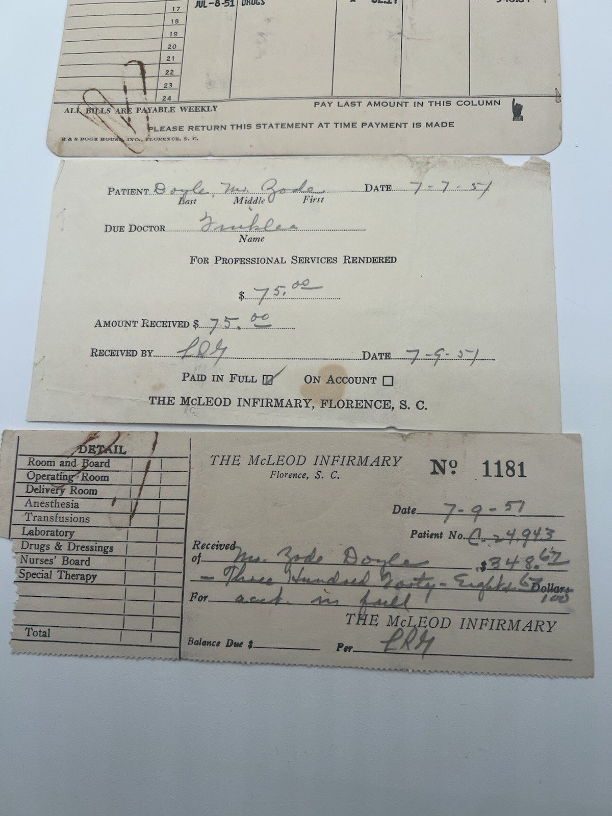 1951 McLeod Infirmary Florence SC Hospital Bill & Paid Receipts # 1136 photo 4