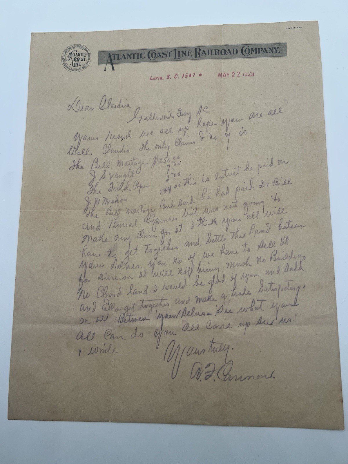 1929 Atlantic Coast Line RR Letter Loris SC Estate Land Dispute # 1137