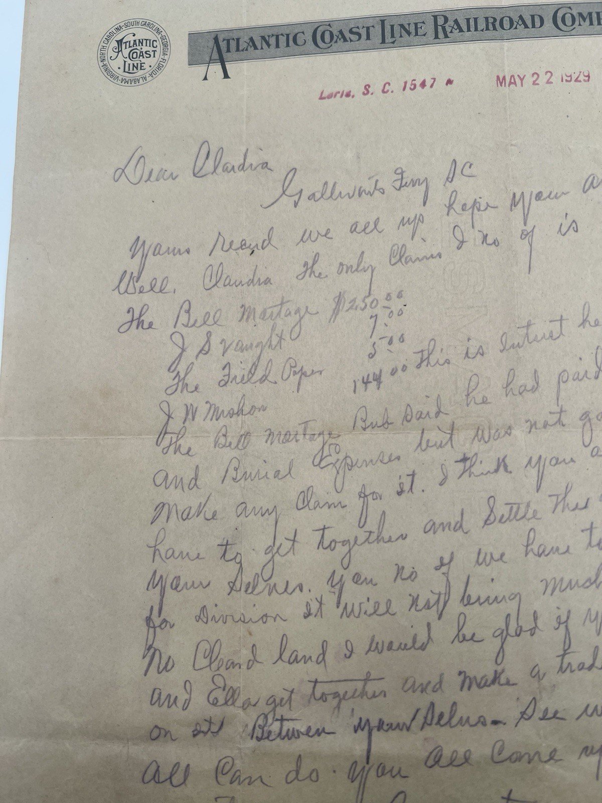 1929 Atlantic Coast Line RR Letter Loris SC Estate Land Dispute # 1137 photo 2