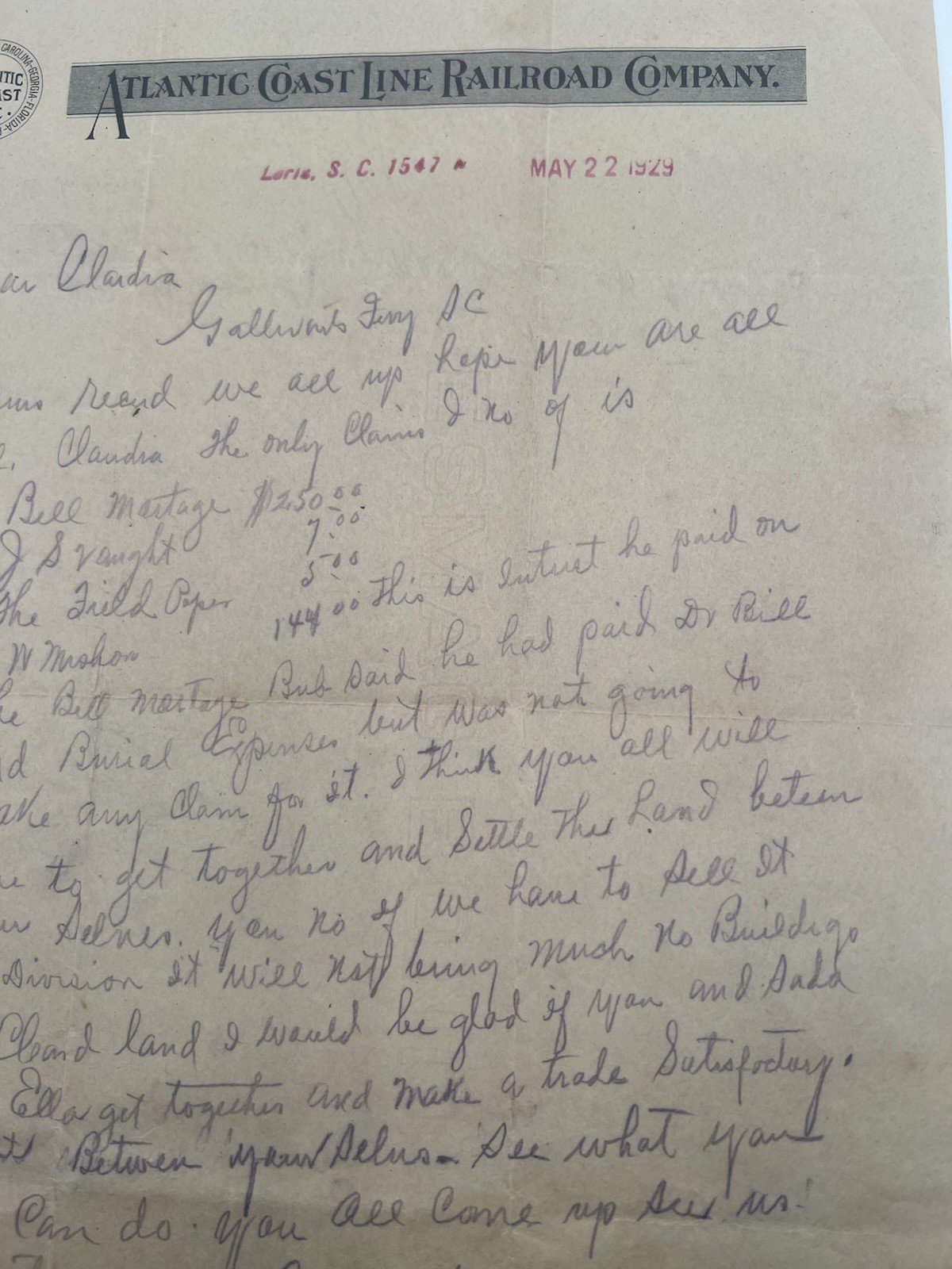 1929 Atlantic Coast Line RR Letter Loris SC Estate Land Dispute # 1137 photo 3